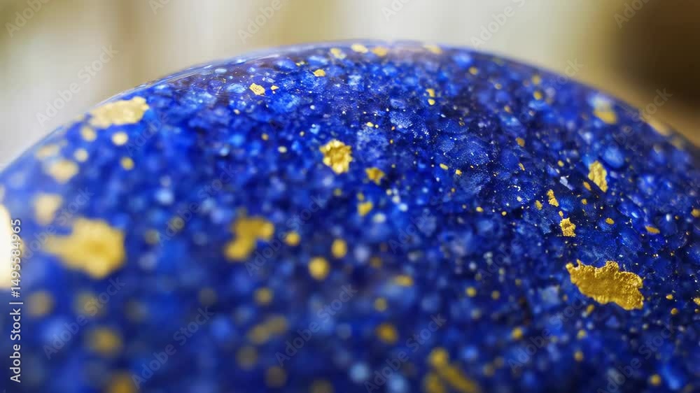 Closeup of a blue lapis lazuli gemstone with golden specks, showing texture and crystalline structures, elegant and luxurious stone