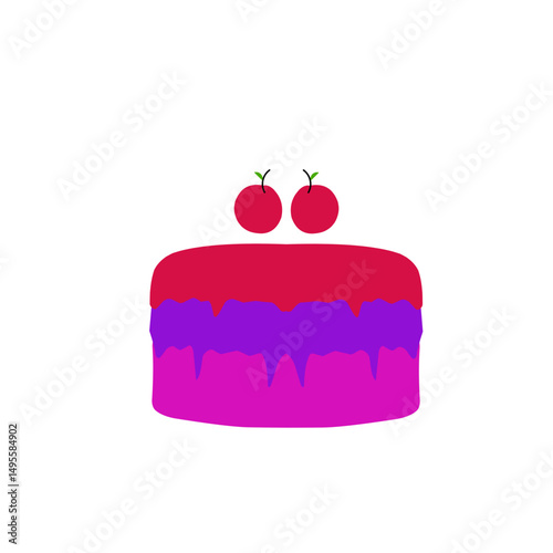 Whimsical layered cake with vibrant frosting and cherry topping against darkness