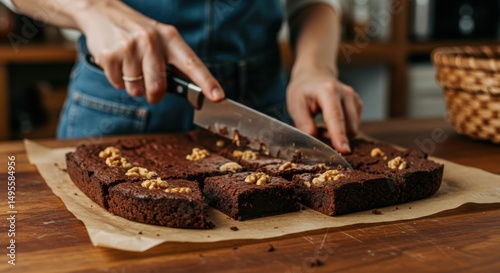 Deliciously Homemade Brownies Being Sliced in a Cozy Kitchen Setting