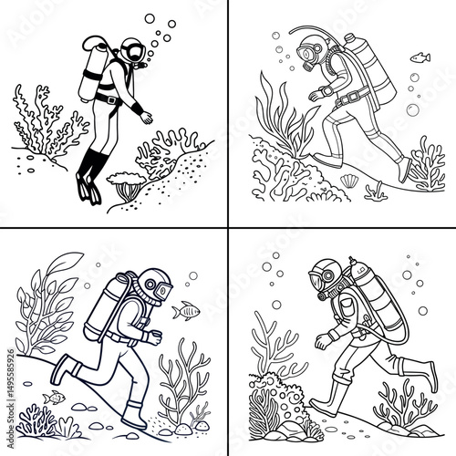 Black and white underwater scene illustration with scuba divers exploring coral reef and marine life in hand drawn line art style for coloring books and ocean-themed designs