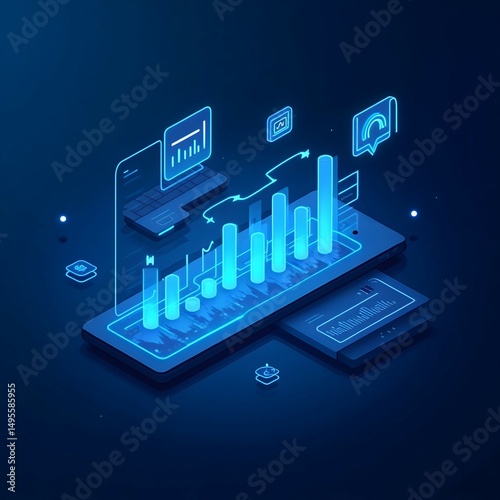 Futuristic Interface with 3D Bar Chart and Digital Technology Background