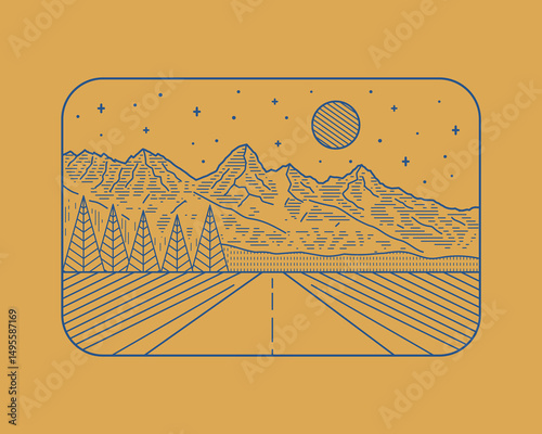 Scenic drives Grand Teton National park in mono line style for t shirt badge outdoor illustration