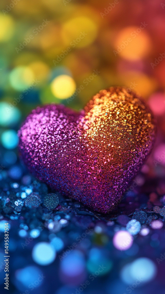 Fototapeta premium Shiny 3D rainbow heart radiating love and inclusivity, placed against a softly blurred background. Symbol of pride, unity, and beauty. Caption space available on the side for messaging.