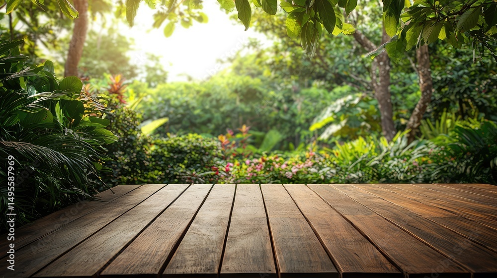wooden terrace overlooking a vibrant garden, with greenery flowing over the edges of the space, creating an immersive natural experience. wooden terrace overlooking a vibrant garden, with greenery flowing over the edges of the space, creating an immersive natural experience.