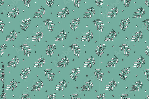 Beautiful natural seamless pattern of  plant in black and white on  green background. Plant of  environment. Flat design. For wallpaper, textiles, packaging, background, website.