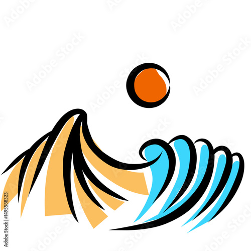 Stylized landscape with a sun element casting light on abstract mountain shapes