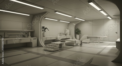 Futuristic Minimalist Interior Design Sterile White Spaceship Room Concept Art
