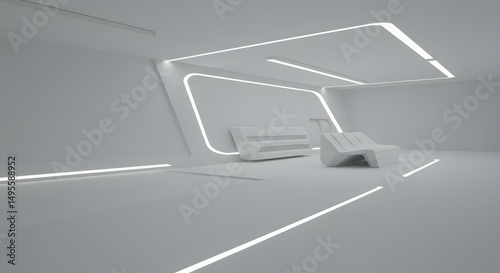Futuristic White Room Interior Design Clean Lines, Minimalist Aesthetics, Modern Architecture, 3D Render