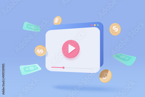 3d social media with live streaming and emotion on browser in blue background. Social media online playing video for make money passive income concept. 3d live entertainment vector render illustration