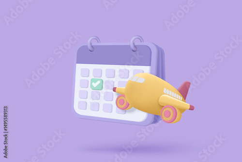 3d calendar marked date for booking ticket plane day on travel holiday. Calendar with mark for schedule appointment, event day, holiday planning concept 3d flight airplane vector render illustration