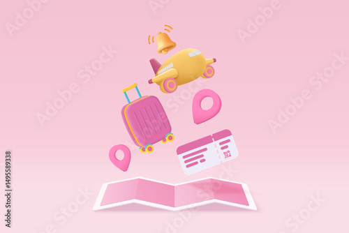 3D suitcase with identity passport and flight plane travel tourism trip planning. Tourism plane trip planning world tour with travel bag on holiday summer concept. 3d icon vector render illustration