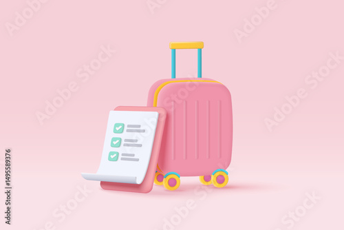 3d white clipboard task management todo check list with suitcase on background. checklist icon with mark for travel holiday planning, summer vacation concept. 3d suitcase vector render illustration