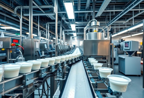 Automated yogurt production line in a modern factory, bottles, vats