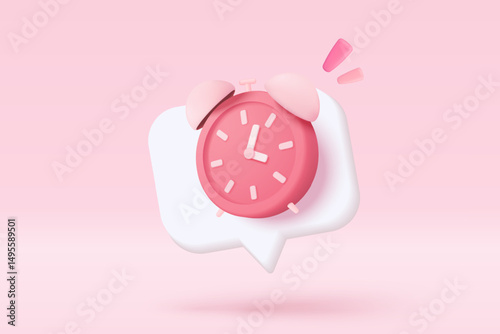 3d alarm clock on pastel pink background. Pink watch minimal design concept of time. 3d clock vector rendering in isolated pink background