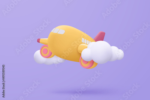 3D pin map with flight plane travel tourism trip planning world tour. Tourism plane trip planning world tour and sky cloud on holiday summer concept. 3d vector airplane render illustration