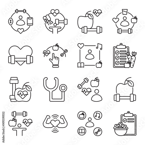 healthy lifestyle set of web icons in line style. healthy lifestyle, wellness, clean eating, balanced life and fitness. Vector illustration