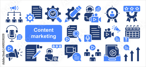 Content marketing icon collection set. Containing idea, storytelling, writing schedule, review, writing, food article, management icon. Simple flat vector.