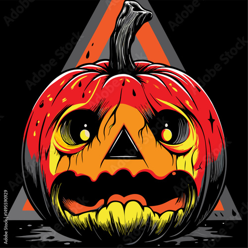 Fiery halloween pumpkin with geometric design and glowing eyes