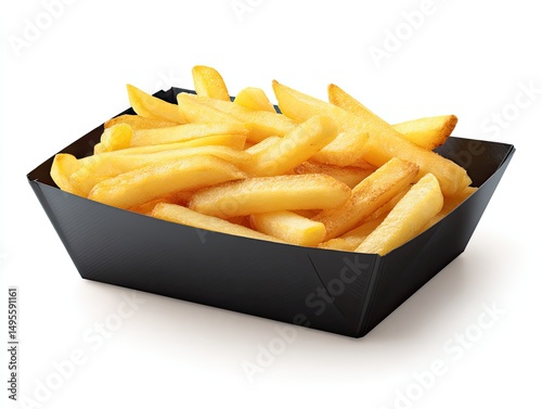 Golden-fried potato sticks in a black cardboard tray.  Crispy, golden-brown French fries arranged in a dark cardboard container, isolated against a white background.  Perfectly cooked and ready to eat