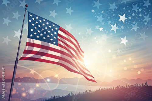 Beautiful illustration of the American flag flowing in the breeze with a radiant sunrise and starry overlay. Perfect for patriotic holidays, celebrations, and national pride content.