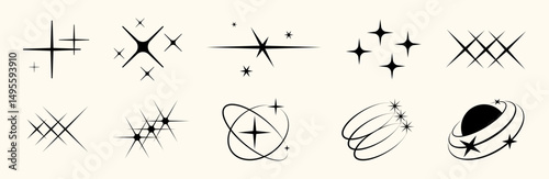 Retro Y2K star icon set with glitter, glow, sparkle, and flash effects. Flat and outlined symbols. Perfect for festive, cosmic, or vintage inspired graphic design.
