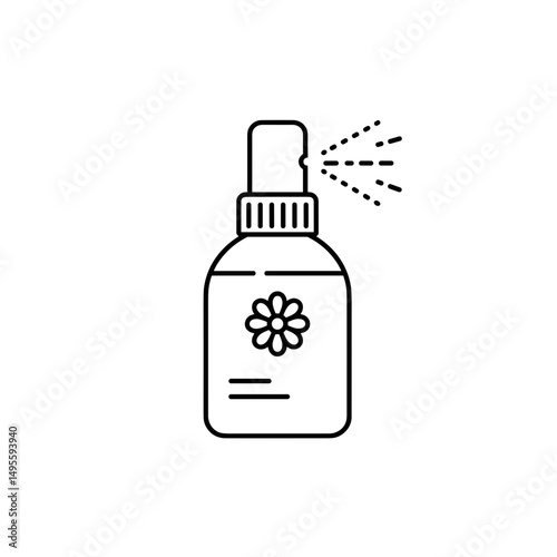 Spray bottle with floral design emitting mist. Black and white icon in minimalistic line design. Editable SVG