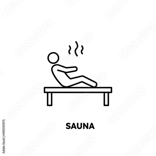 Person relaxing in sauna on bench with steam rising.  Вlack and white icon in minimalist line design. Editable SVG
 
