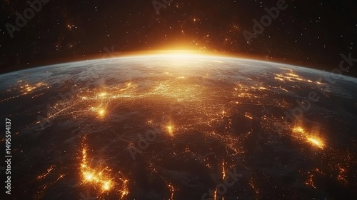 Erupting sunrise over a fiery earth global landscape digital art outer space aerial view environmental change