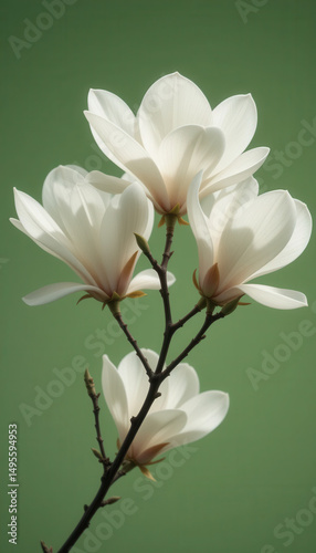 White Magnolia Flowers on Green Background