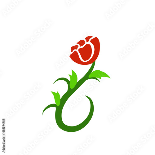 Stylized floral art featuring a vibrant red bloom on a verdant stem artwork