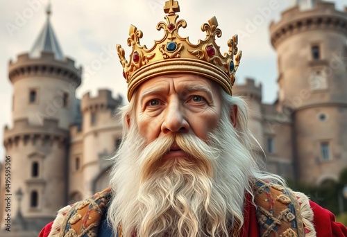 Aged monarch, regal crown, flowing beard, ancient castle backdrop, throne, stone