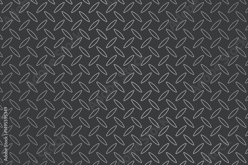 Dark gray diamond-plate metal texture with light gray crisscross pattern. Overhead view, seamless industrial background for grunge, machinery, or rugged design projects. Neutral lighting.