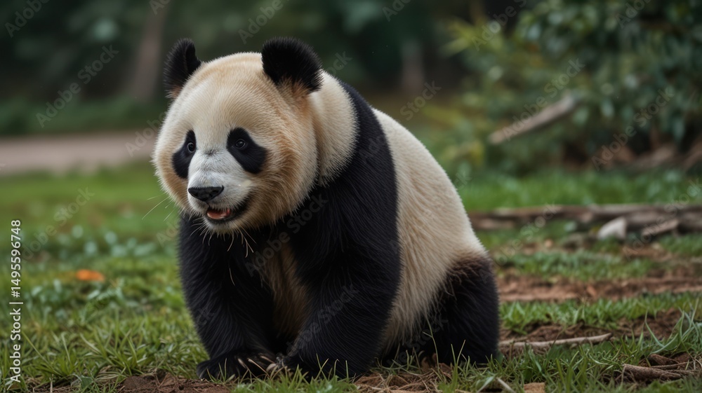 Obraz premium Panda sits in grassy area