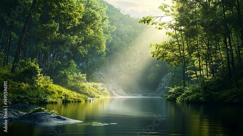 The tranquil forest waterfall flows over rocks into a green river, creating a serene natural landscape
