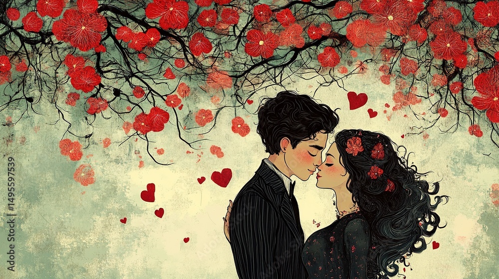 Fototapeta premium Romantic embrace between lovers enchanted garden illustrative art dreamy atmosphere close-up love concept