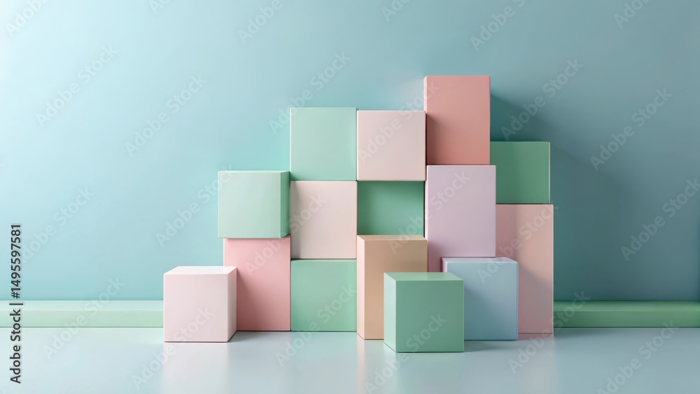 Obraz premium Pastel-colored cubes arranged in a visually appealing, asymmetrical stack against a serene backdrop