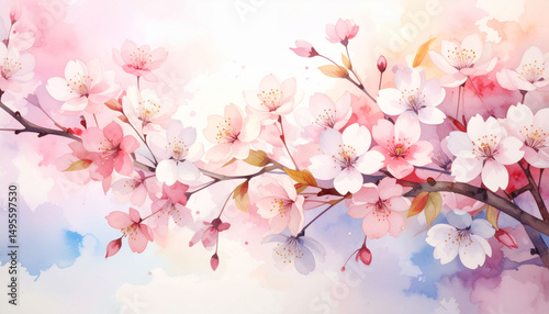 the image depicts a detailed and graceful artistic representation of flowering tree branches