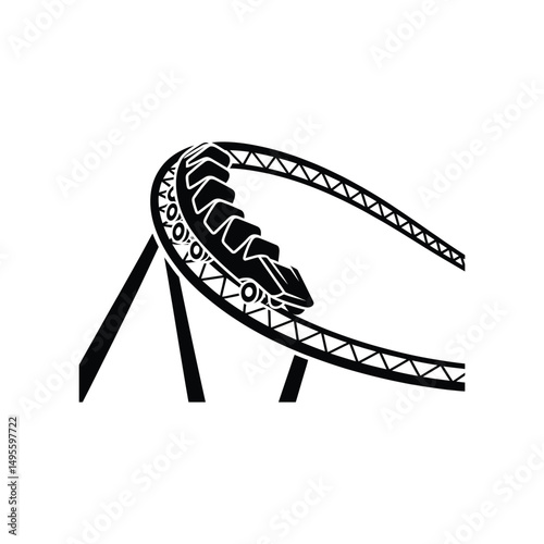 Black and White Rollercoaster Car Navigating an Elevated Curved Track with Support Beams