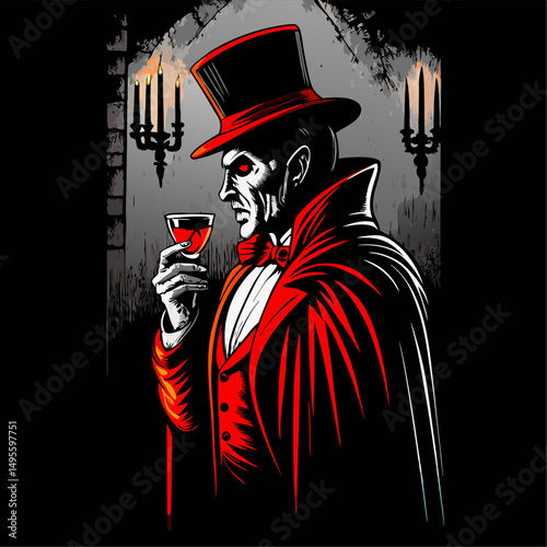 Elegant vampire lord in red cape sipping blood in gothic setting
