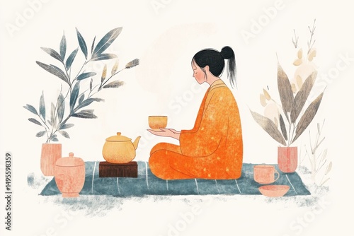 a person engaging in a mindful tea ceremony, appreciating each step  