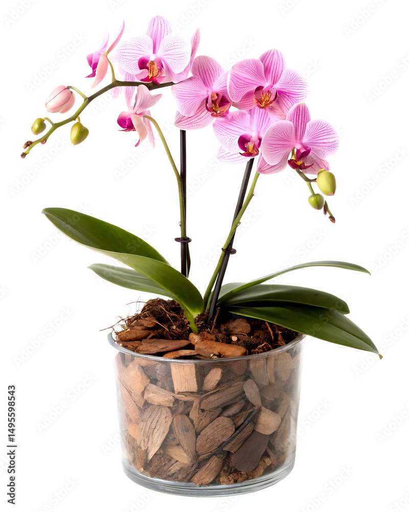 Obraz premium A beautiful blooming pink orchid in a glass pot with a transparent background
