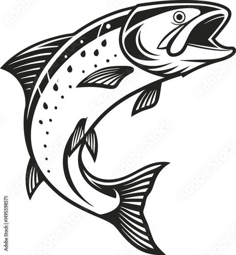 Jumping Salmon Fish Silhouette Design Illustration. Silhouette Design of a Jumping Salmon Fish. Salmon Fish Silhouette Artwork in Action. Dynamic Jumping Salmon Silhouette Design