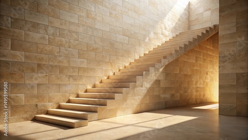 Sunlit Stone Staircase Ascending Towards an Open Corridor in a Modern Structure