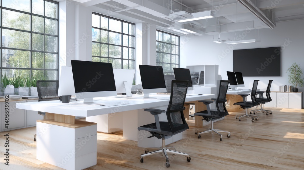 Fototapeta premium Modern and Bright Office Space Design with Large Windows and Minimalist Decor