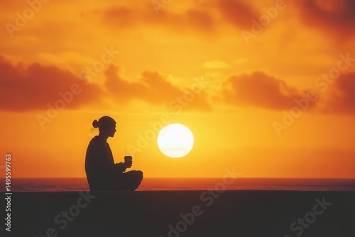 a person enjoying a mindful moment while sipping coffee at sunrise - 
