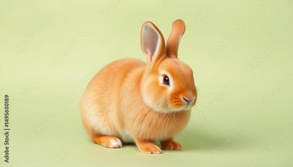 Fototapeta premium Adorable orange Holland Lop rabbit sits on pastel green background, holland lop, companion animal