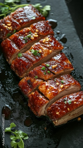 juicy cantonese roast duck slices glistening with sauce and garlic on black slate serving board, roast duck cut