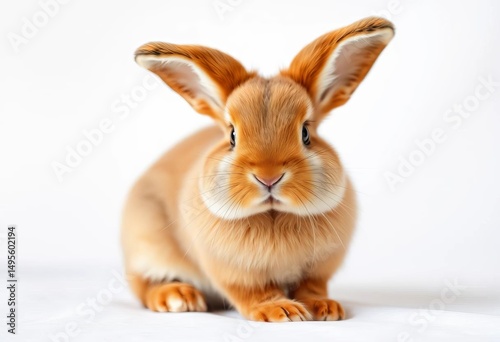 Adorable brown bunny rabbit with floppy ears, fluffy fur, sitting on white , cute, hare