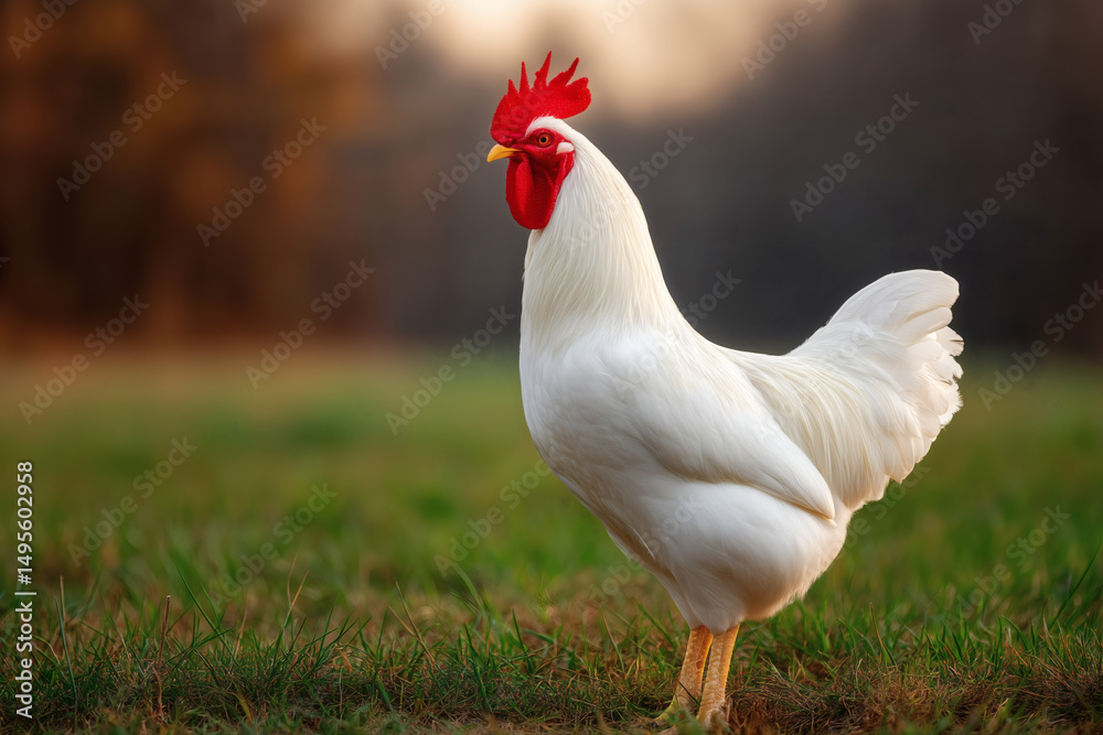 Fototapeta premium Regal rooster with bright red comb and wattle stands proudly on green grass in a rural setting.
