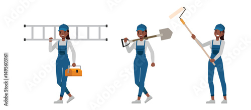 Female handyman wear blue repairman apron character vector illustration design set. Women walking and work.